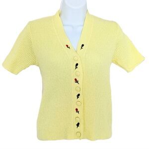 Vintage Y2K Ribbed embroidered yellow shirt top buttons Small XS @F1